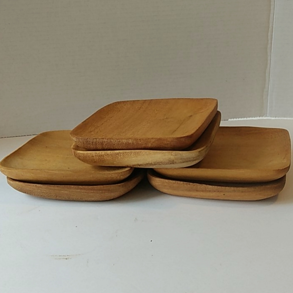 Vintage hand carved small 6 wooden plates